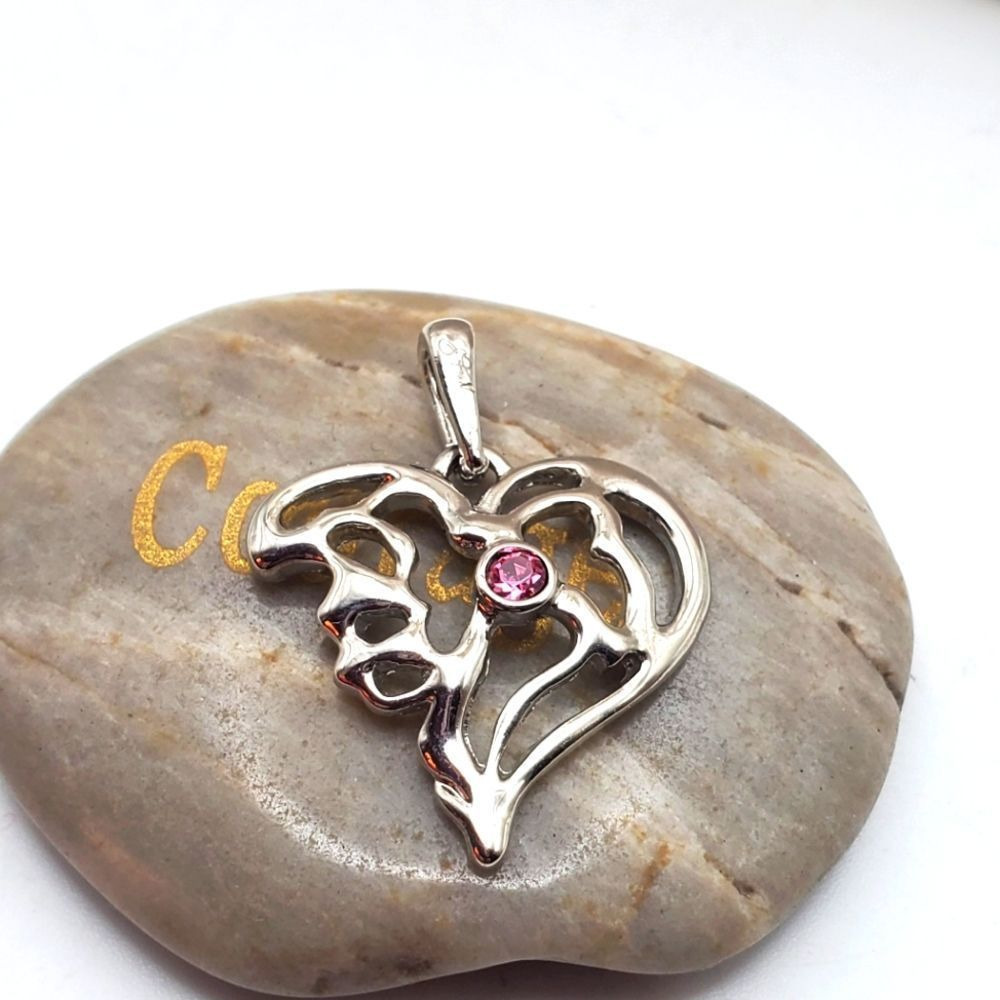 Silver tone melted heart pendant pink‎ crystal detailing